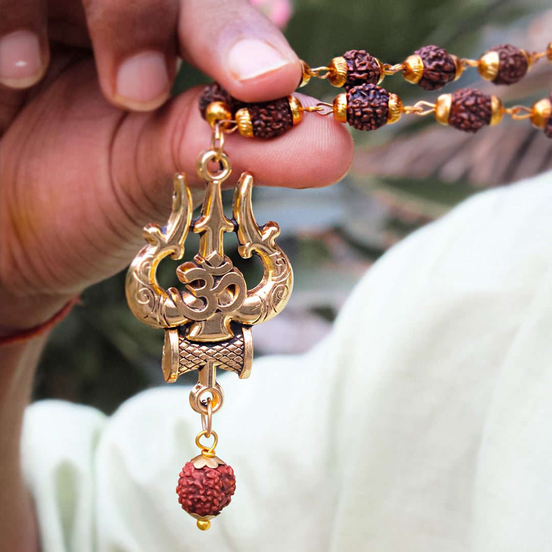 Gold Plated Rudraksha OM Shiva Trishool Necklace