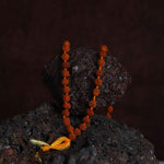 Close-up of 108-bead Rudraksha Mala necklace, a traditional Hindu prayer and meditation tool.