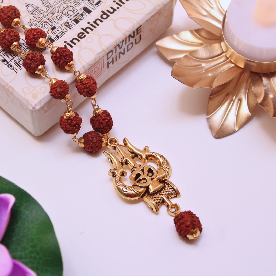 Gold Plated Rudraksha OM Shiva Trishool Necklace