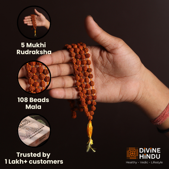 Traditional 108-bead Rudraksha Mala necklace for meditation and prayer.