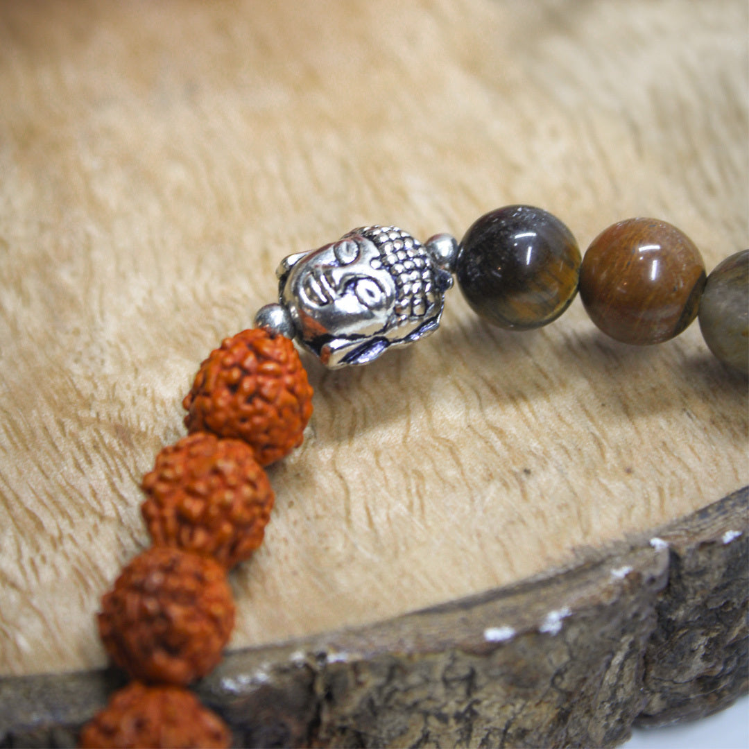 Spiritual Harmony Bracelet - Tiger's Eye, Rudraksha, and Buddha Symbol