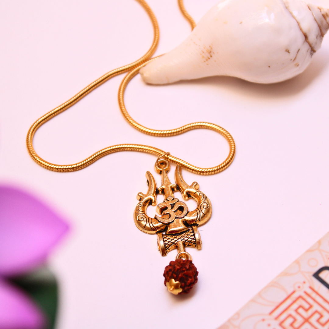 Gold Plated OM Shiva Trishul Chain Necklace