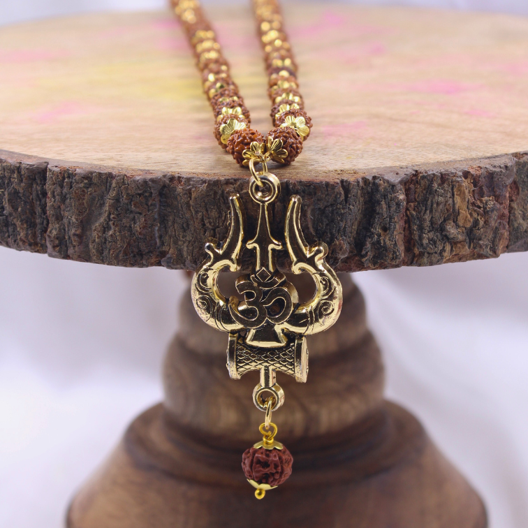 Gold Plated OM Shiva Trishool Rudraksha Necklace 54 Beads