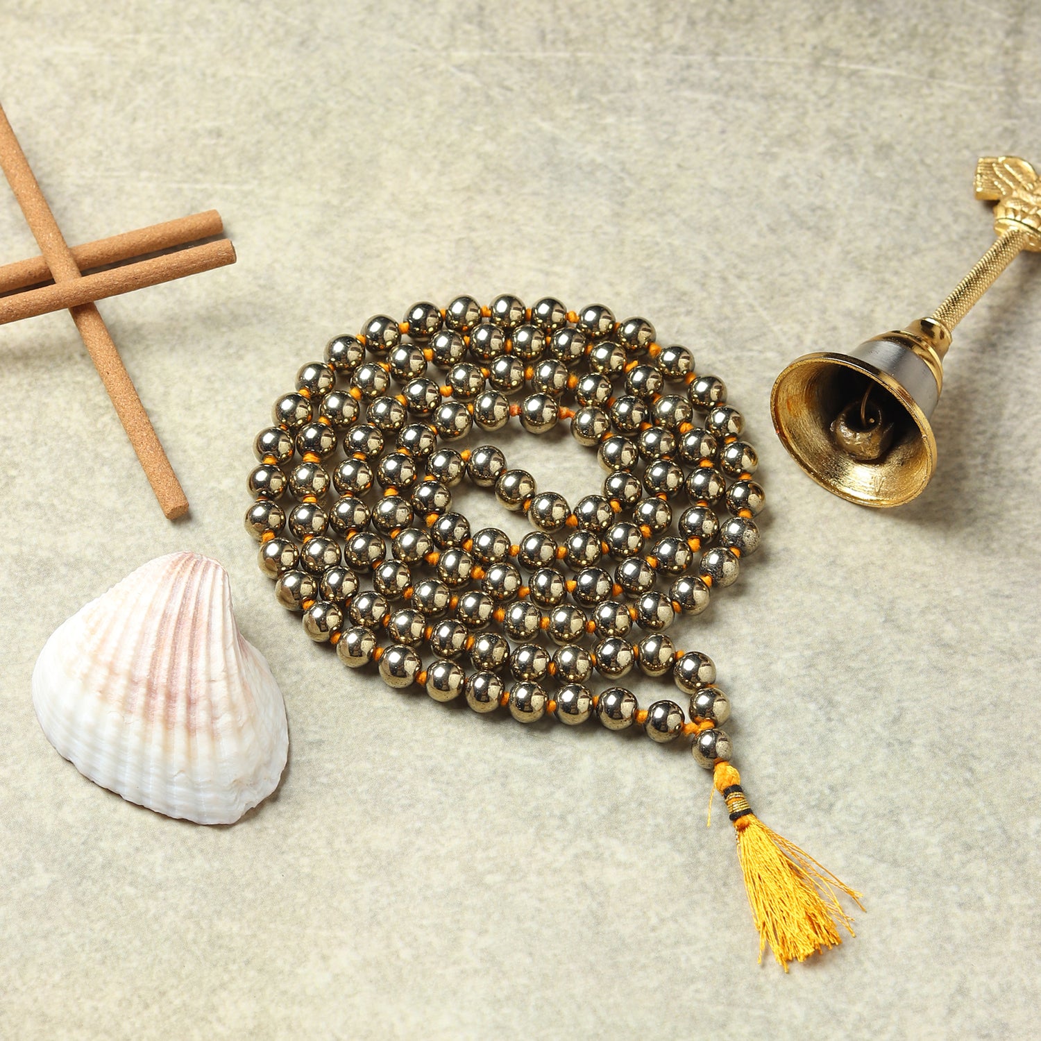 Golden Pyrite Stone Necklace 108 Beads Mala