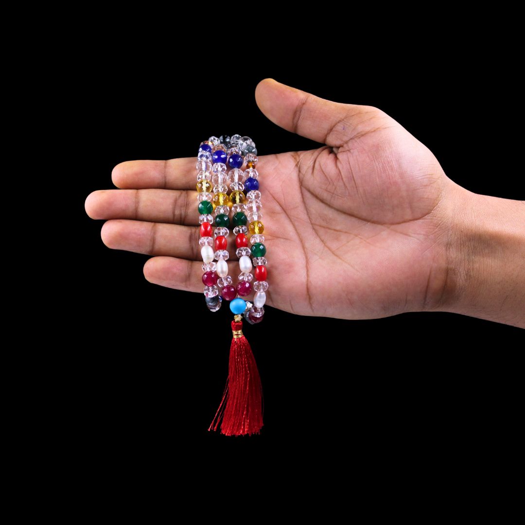  Nine Gem Navratna Stones Mala, highlighting on hand