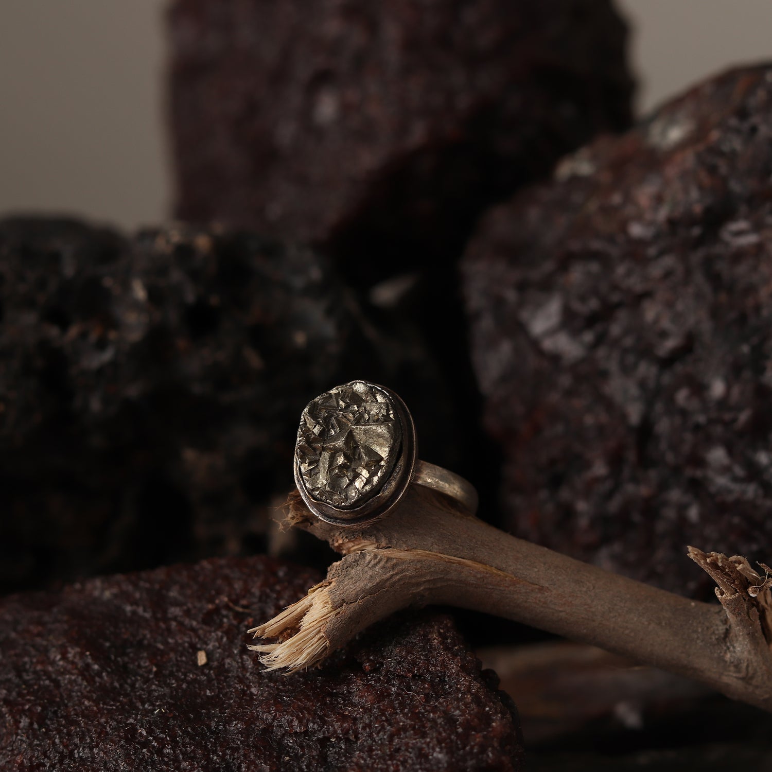 Hand wearing an elegant Raw Pyrite Stone Adjustable Ring