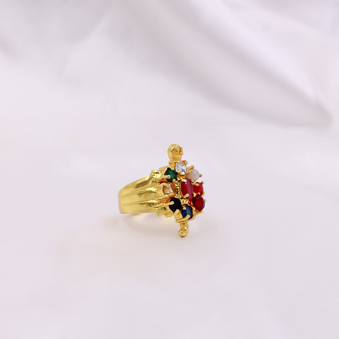 Gold Plated Navaratna Tortoise Ring in Panchdhatu - Adjustable Fit