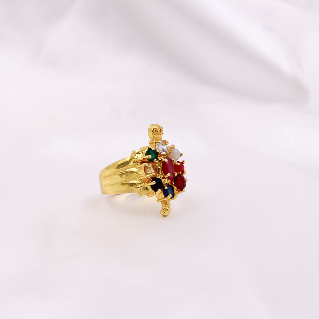 Gold Plated Navaratna Tortoise Ring in Panchdhatu - Adjustable Fit