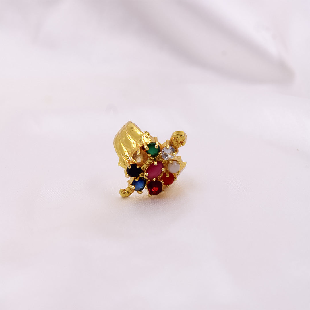 Gold Plated Navaratna Tortoise Ring in Panchdhatu - Adjustable Fit