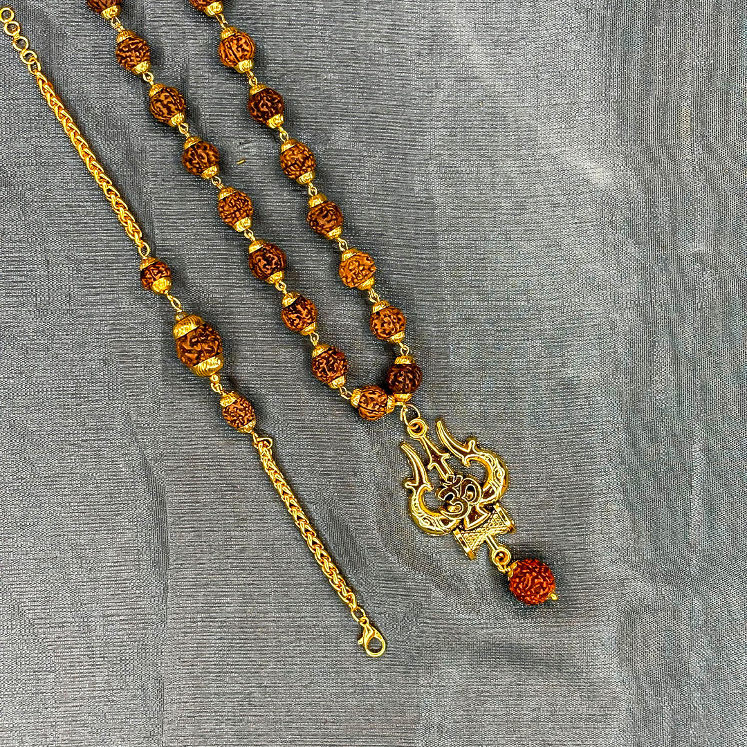 Gold Plated Rudraksha OM Shiva Trishool Necklace & Rudraksha Bracelet