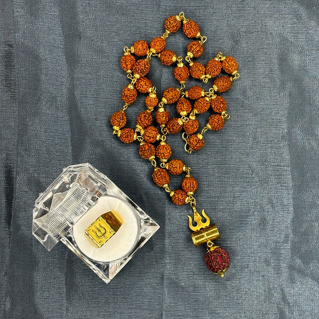 Gold-Plated Rudraksha Shiva Damroo Trishool Necklace & Trishool Ring