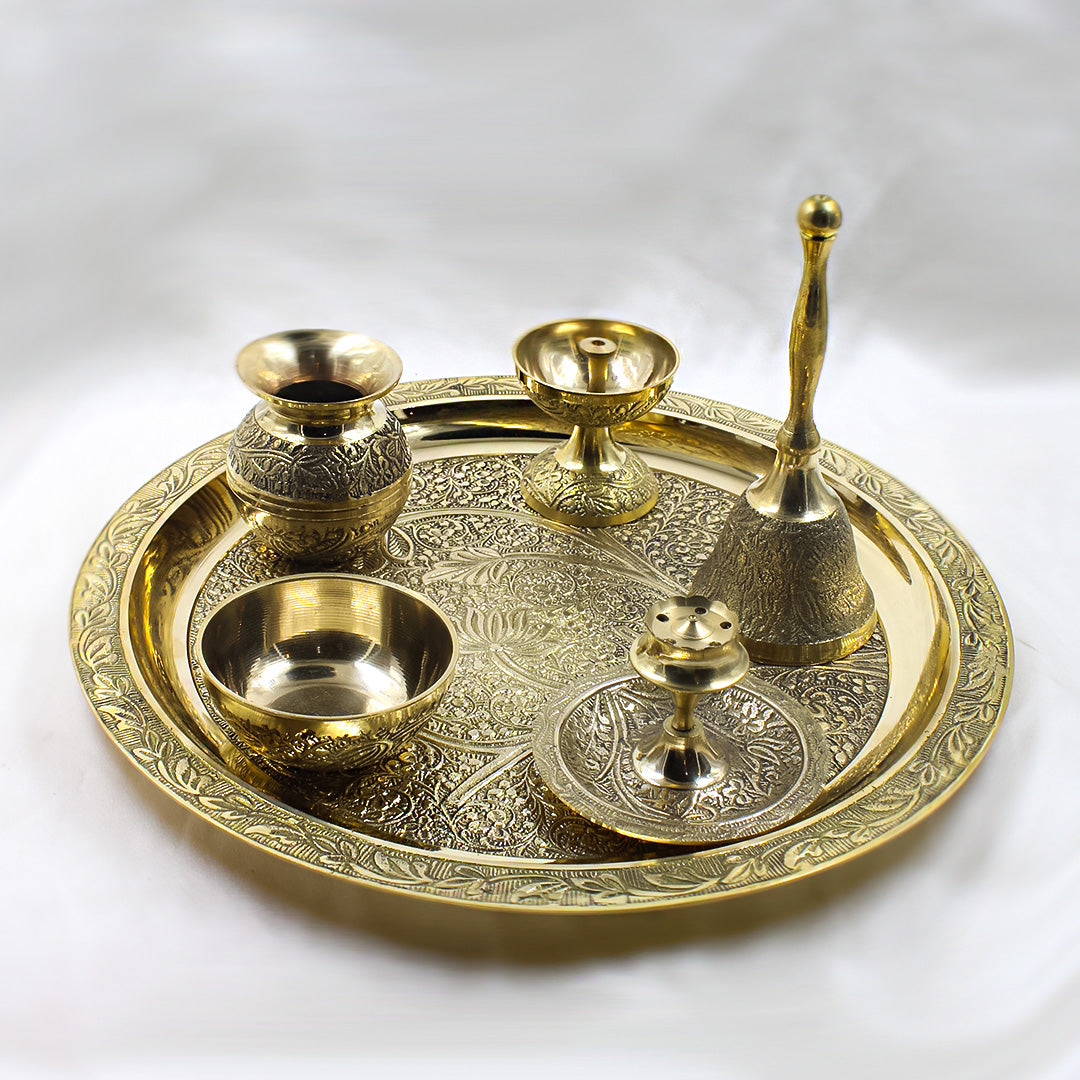 Antique Gold Brass Pooja Engraved Thali (Set of 6)