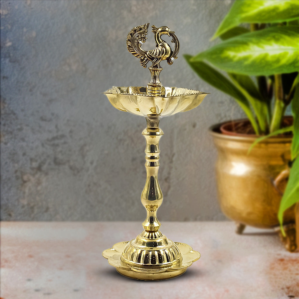 Seven Wicks Peacock Oil Brass Lamp