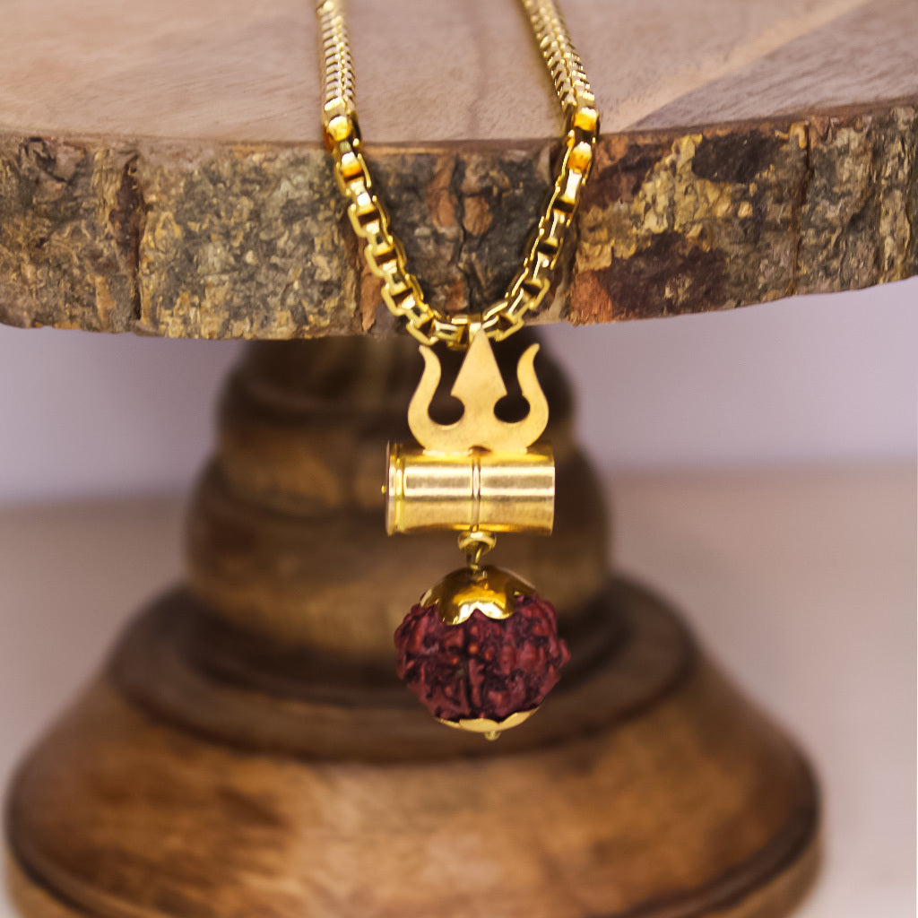 Gold-Plated Shiva Damru Trishul Rudraksha Chain Necklace