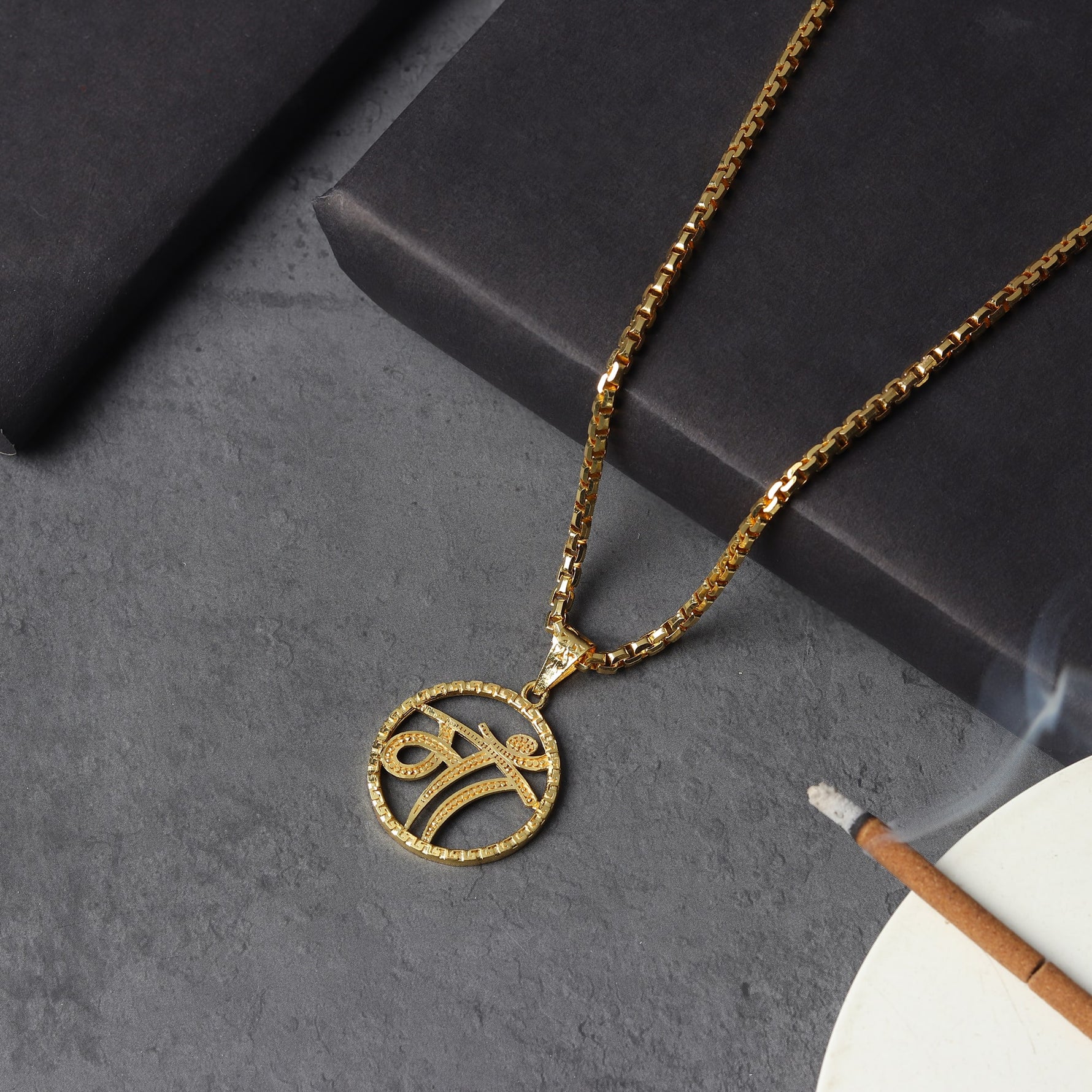 Gold Plated MAA Circle Design Pendant Necklace on White Background