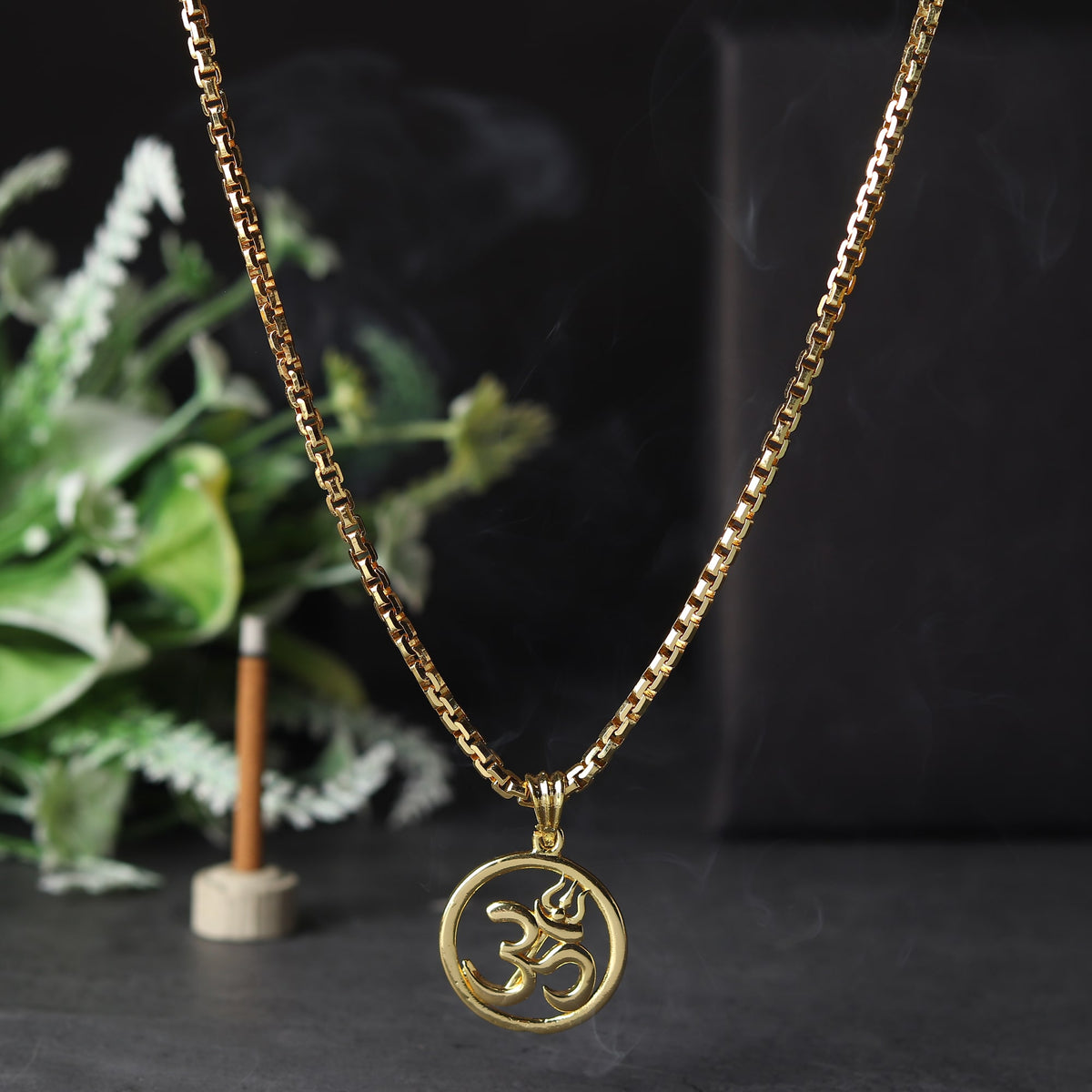 Closeup of Gold Plated Om Circle Pendant Necklace