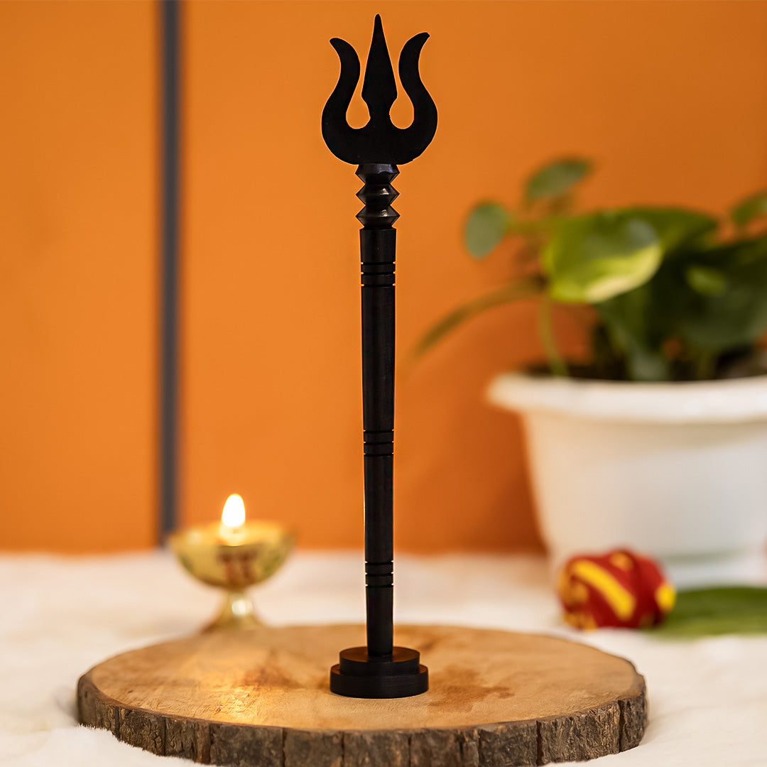 Large Karungali Shiva Trishool with Base crafted from natural ebony wood for temple use and grand pujas.