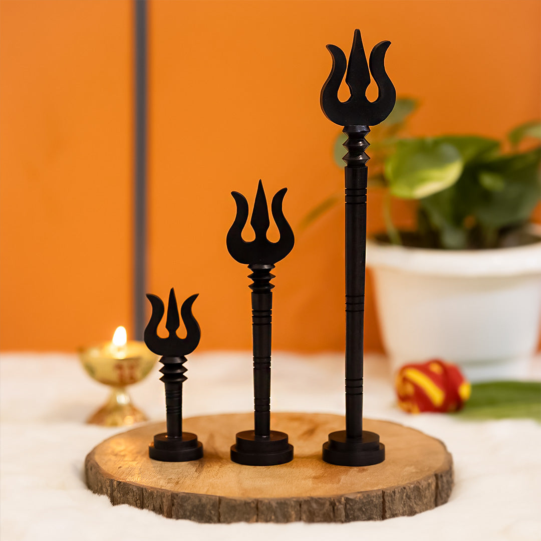 Set of 3 Karungali Shiva Trishools with Bases crafted from natural ebony wood, perfect for gifting or multiple puja spaces.