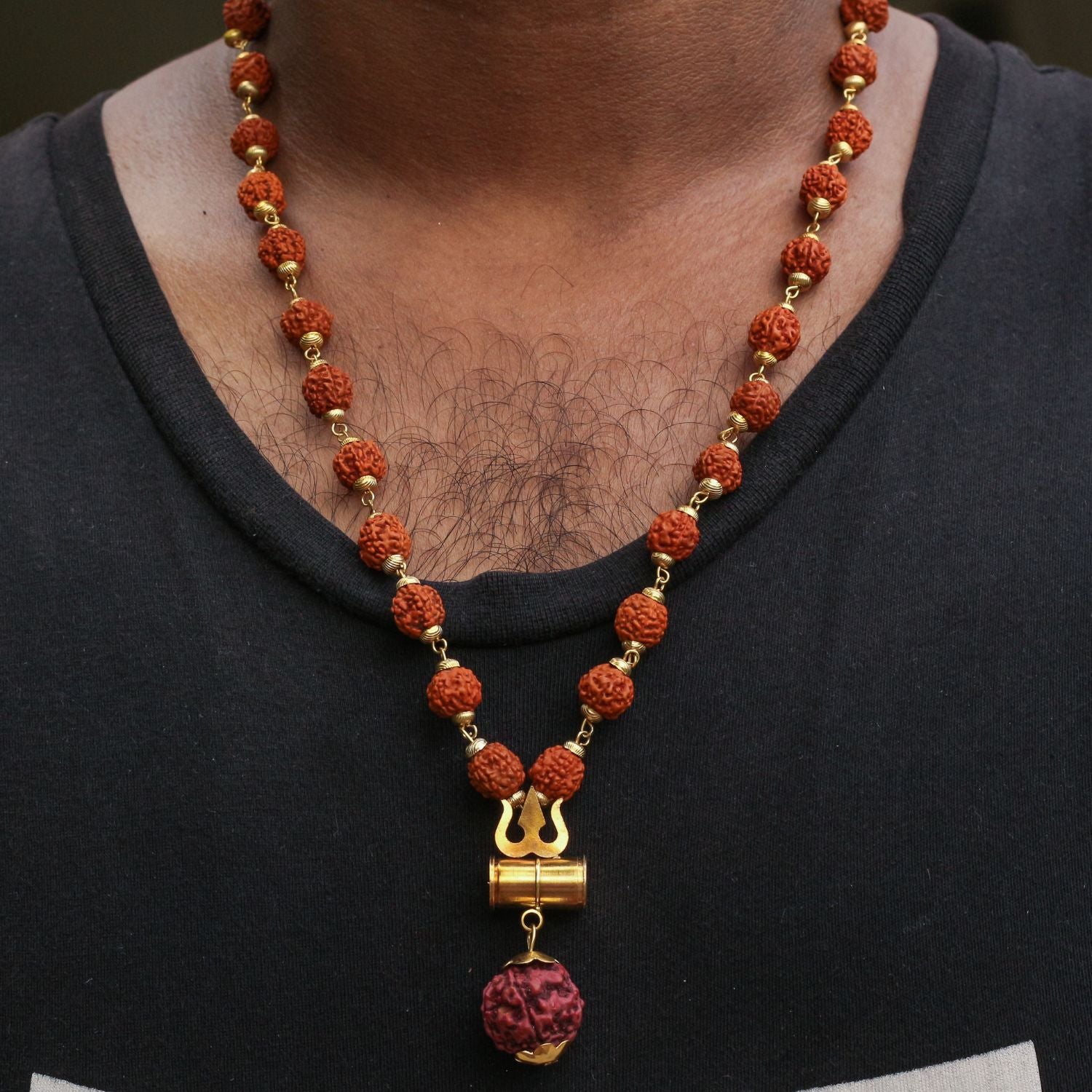 Shiva Damroo Trishool Necklace with Gold-Plated Rudraksha