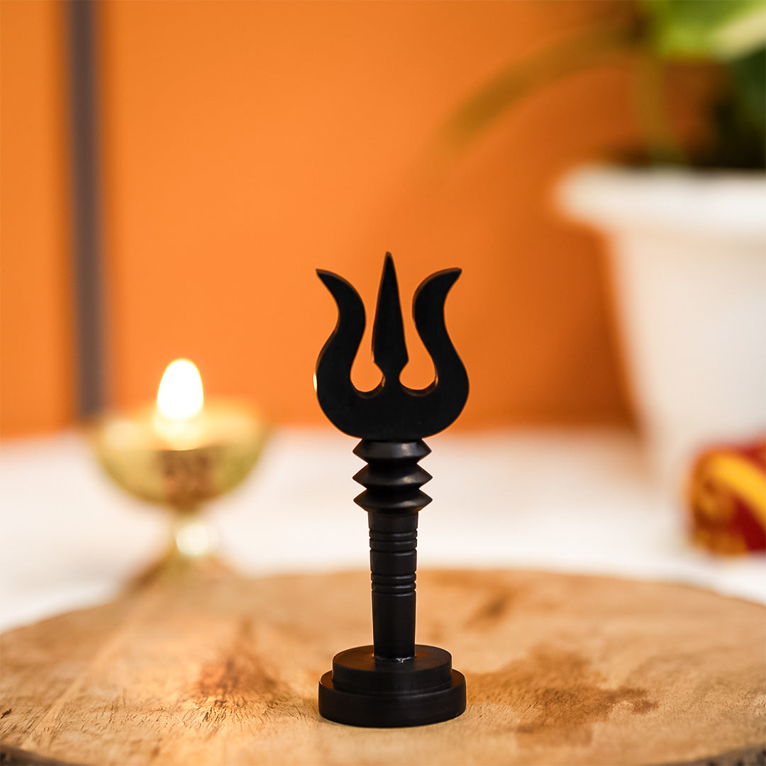 Small Karungali Shiva Trishool with Base crafted from natural ebony wood for puja and spiritual decor.